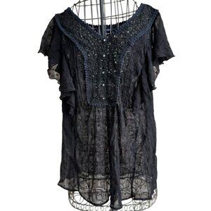 Denim 24 7 Blouse 14W Black Semi Sheer Swiss Dots Flutter Sleeves Crochet